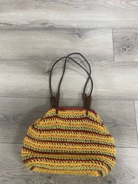 Boho Crochet Straw Tote Bag in Yellow and Brown